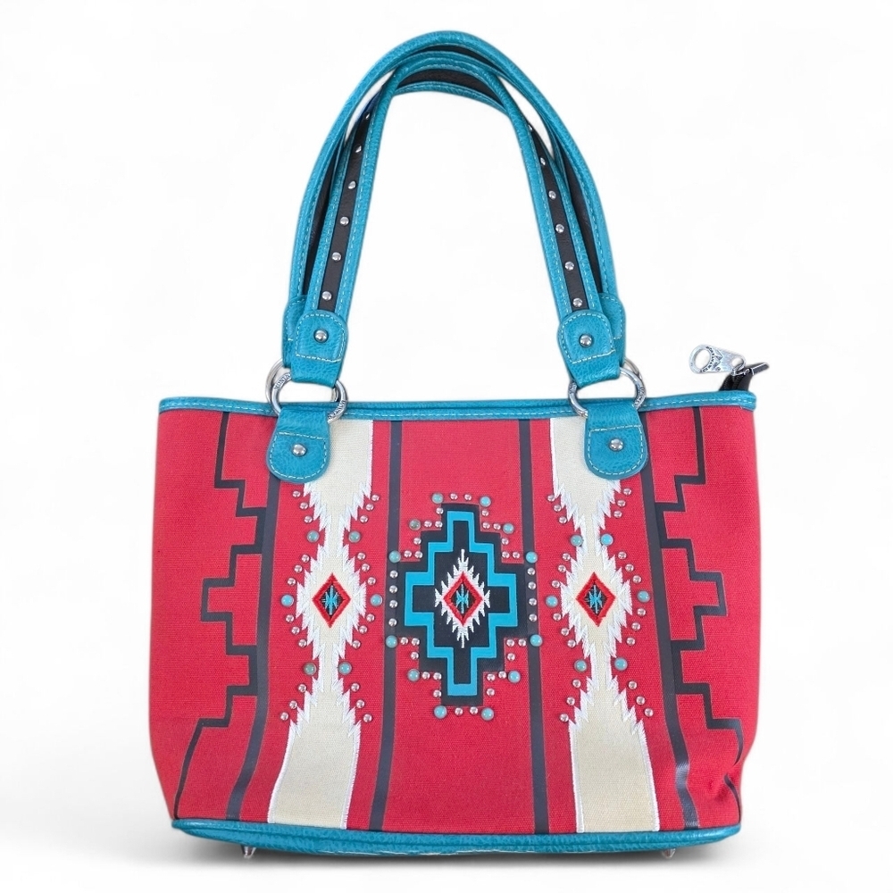 Montana West Aztec Embroidered Studded Shoulder Bag Red Turquoise Western Purse
